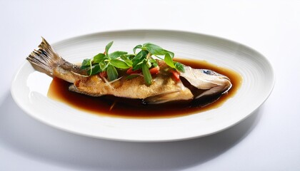 Wall Mural - snapper fish in soy saunce with green leaves on a white plate