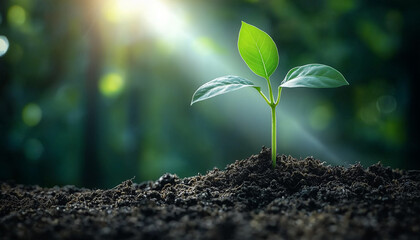 A young green plant emerges from rich soil under soft sunlight in a serene forest setting during the early morning hours