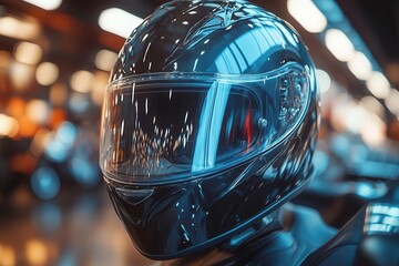 sleek black motorcycle helmet hanging on chrome handlebars reflecting the surrounding urban environm