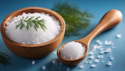 crystals of large sea salt in a wooden bowl and spoon and dill on a blue table