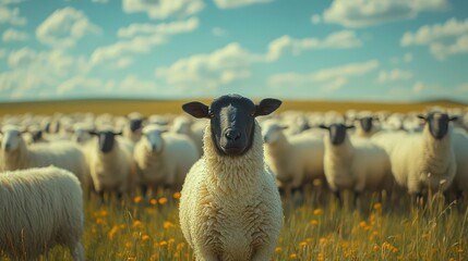 surreal flock of white sheep with single black sheep standing out dreamlike pastoral scene with rolling hills and wispy clouds