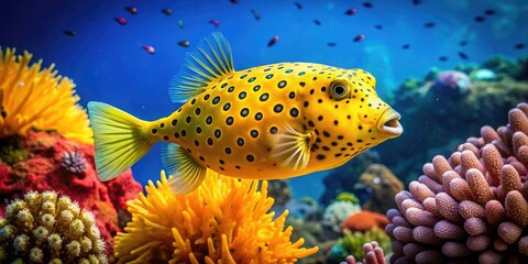 A bright yellow boxfish swims against a vibrant coral reef background, its intricate scale patterns and fins glowing with warm, sunny light and oceanic beauty.