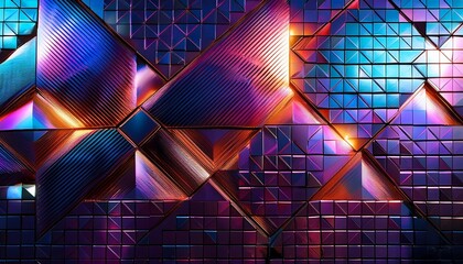 Wall Mural - an abstract mosaic wall design featuring intricate shapes and textures resembling a digital art installation with a fusion of metallic hues and neon accents