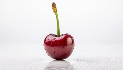 close up of a fresh cherry with water droplets on a white background highlighting its natural beauty and freshness