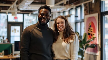 An African American man and a Caucasian woman, in their 20s, standing and smiling in an office with a dynamic, startup vibe and motivational posters. 