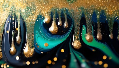 ink drip glitter liquid spill blur black green blue golden color shiny glowing particles texture paint wave abstract art background generative ai