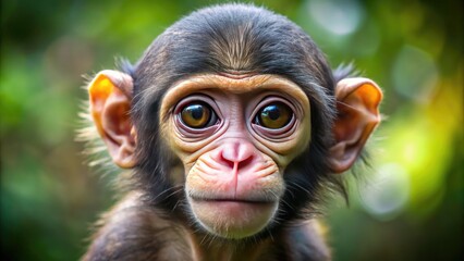 Adorable curious monkey with furrowed brow and twitching nose, gazing directly at camera with big round eyes, showcasing expressive primate facial expression.