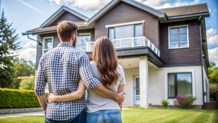 Poster - rear view of young couple looking at their new house