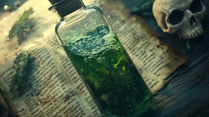 A glass bottle filled with a mysterious green liquid sits on an old, weathered book.