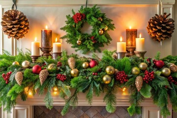 A festive holiday mantel displays a lush evergreen garland adorned with ornaments, pinecones, and ribbons, surrounded by candles and decorative vases filled with winter greens.