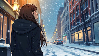 A young woman with long brown hair wearing a black coat standing on a snowy street at night