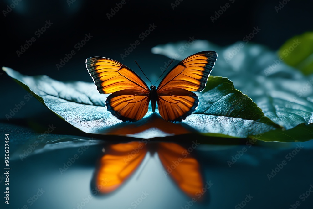 Butterfly and its shadow on a leaf, depicted in an artwork where the ...