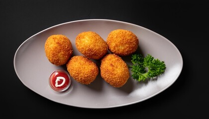 Wall Mural - overhead voew of gourmet style ham croquette with black background