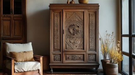 Poster - Intricately Carved Wooden Cabinet in a Rustic Interior