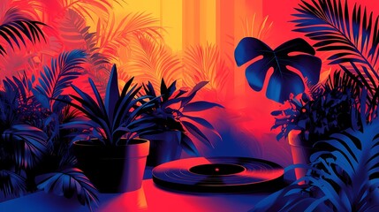 A vibrant tropical scene featuring a record player and lush plants.