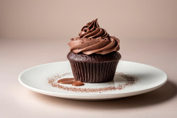 Wall Mural - Delicious chocolate cupcake topped with smooth chocolate cream, on white plate. National Chocolate Cupcake Day. For dessert menu designs, bakery promotions, culinary blogs, sweet-themed advertisements