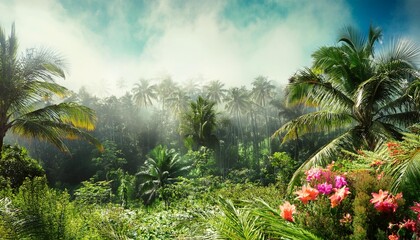 Canvas Print - lush tropical jungle scene with palm trees and flowers