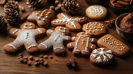 Wall Mural - whimsical arrangement of festive gingerbread figures and decorated cookies on rustic wooden table with dusting of powdered sugar