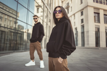 Poster - Man and woman wearing mock up black hoodies