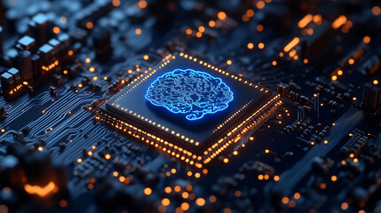 Artificial Intelligence hardware concept. Glowing blue brain circuit on microchip on computer motherboard