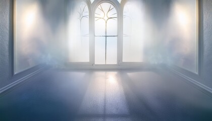 Sticker - a surreal image of a misty window with glowing reflections creating an otherworldly effect on a light gray background