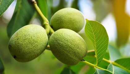 common walnut juglans regia green fruits on twig closeup selective focus