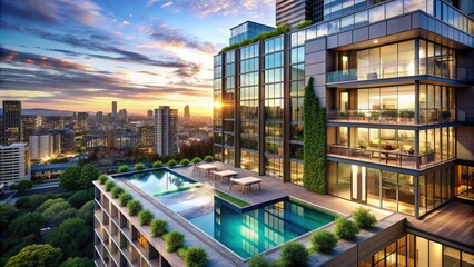 Modern high-rise luxury apartment building with sleek glass facade, rooftop pool, and lush greenery, overlooking a bustling urban cityscape at dusk.