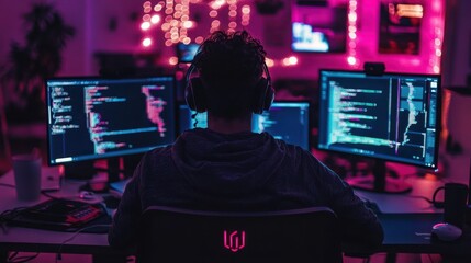 Hacker at Work in a Cyberpunk Atmosphere