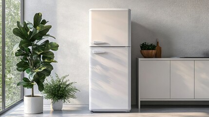 Canvas Print - White Refrigerator in Minimalist Kitchen