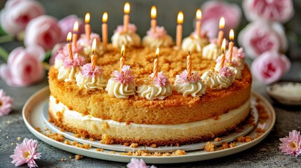 inimalistic birthday cake with many candles on blurred colorful bright background with copy space from one side