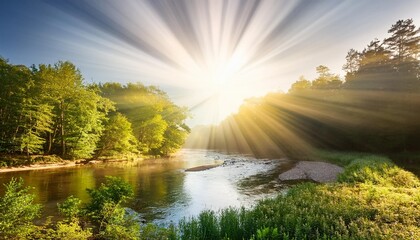 Wall Mural - beautiful sun ray above forest river