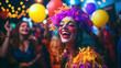 © Olga - Cheerful woman with bright makeup laughing at holiday party with balloons