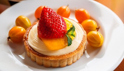 Wall Mural - delicious cake pastry with a strawberry and cape gooseberry on a white plate