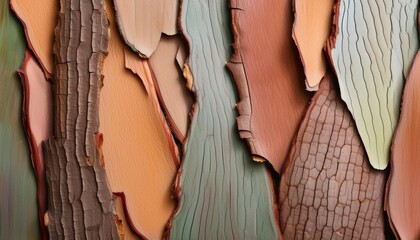 Wall Mural - macro shot of eucalyptus bark featuring a variety of peeling strips in earthy tones highlighting the unique textures