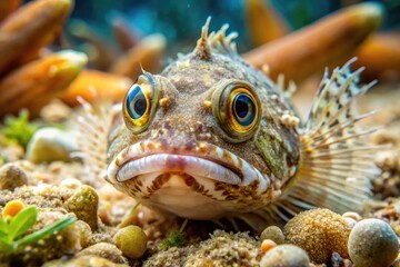 A venomous weever fish camouflaged in sandy ocean floor, its spines and eyes visible, surrounded by seaweed and shell fragments in a shallow coastal ecosystem.