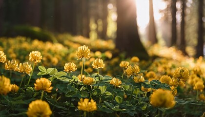 Canvas Print - golden clover flowers thrive in a serene forest setting highlighting the delicate interplay of color and natural surroundings