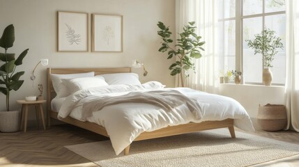 Poster - A Scandinavian-inspired bedroom with a simple wooden bed frame, white bedding, and a cozy rug, creating a bright and airy space.