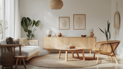 Poster - A Scandinavian-style living room with light wood furniture, a cozy rug, and natural light flooding in, creating a bright and airy feel.