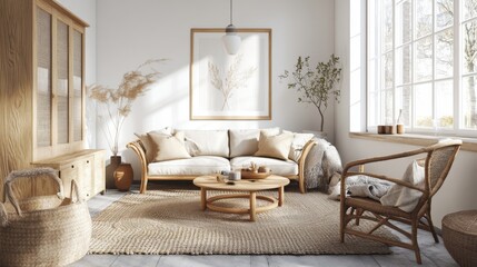 Poster - A Scandinavian-style living room with light wood furniture, a cozy rug, and natural light flooding in, creating a bright and airy feel.