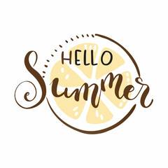 Hello Summer Vector hand drawn lettering and watermelon and orange slice Background with text message (17)