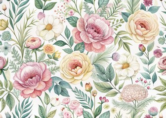  Delicate, hand-drawn floral pattern featuring blooming peonies, roses, and wildflowers in soft, pastel hues, arranged in a whimsical, layered design on a crisp white background.