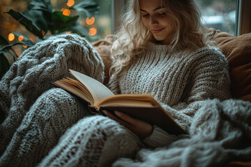 Wall Mural - A person smiling as they relax with a good book in a cozy corner, finding solace in literature. Concept of self-care. Generative Ai.