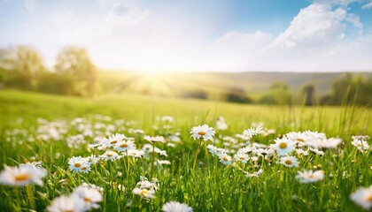 beautiful spring summer natural pastoral landscape with flowering field of daisies in grass in rays of sunlight