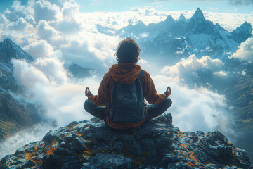 Poster - A person meditating on a serene mountaintop, feeling a profound sense of peace. Concept of spiritual elevation and inner calm. Generative Ai.