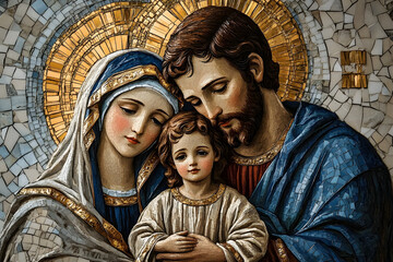 The image of the Holy Family, Jesus, Mary and Joseph in the form of a mosaic