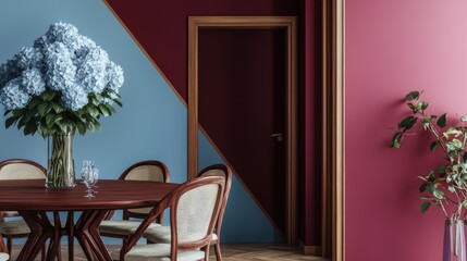 Wall Mural - Elegant dining room in burgundy with unique doors, acacia wood, and light blue flowers.