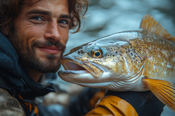 Canvas Print - A man grinning as he catches a big fish on a peaceful lake, savoring the thrill of the catch. Concept of nature's rewards. Generative Ai.