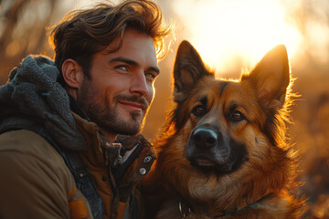 Canvas Print - A man grinning widely while reuniting with his dog after a long day, feeling unconditional love. Concept of companionship. Generative Ai.