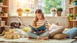 © Sirinporn - Relaxed pre-teen girl sits comfortably on a pillows-strewn floor, fully absorbed in a fiction novel, surrounded by scattered paperbacks and a few favorite stuffed animals.