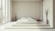 © Plaifah - A spacious minimalist bedroom with a low-profile bed, crisp white linens, and a few understated decorative items, showcasing simplicity and tranquility.